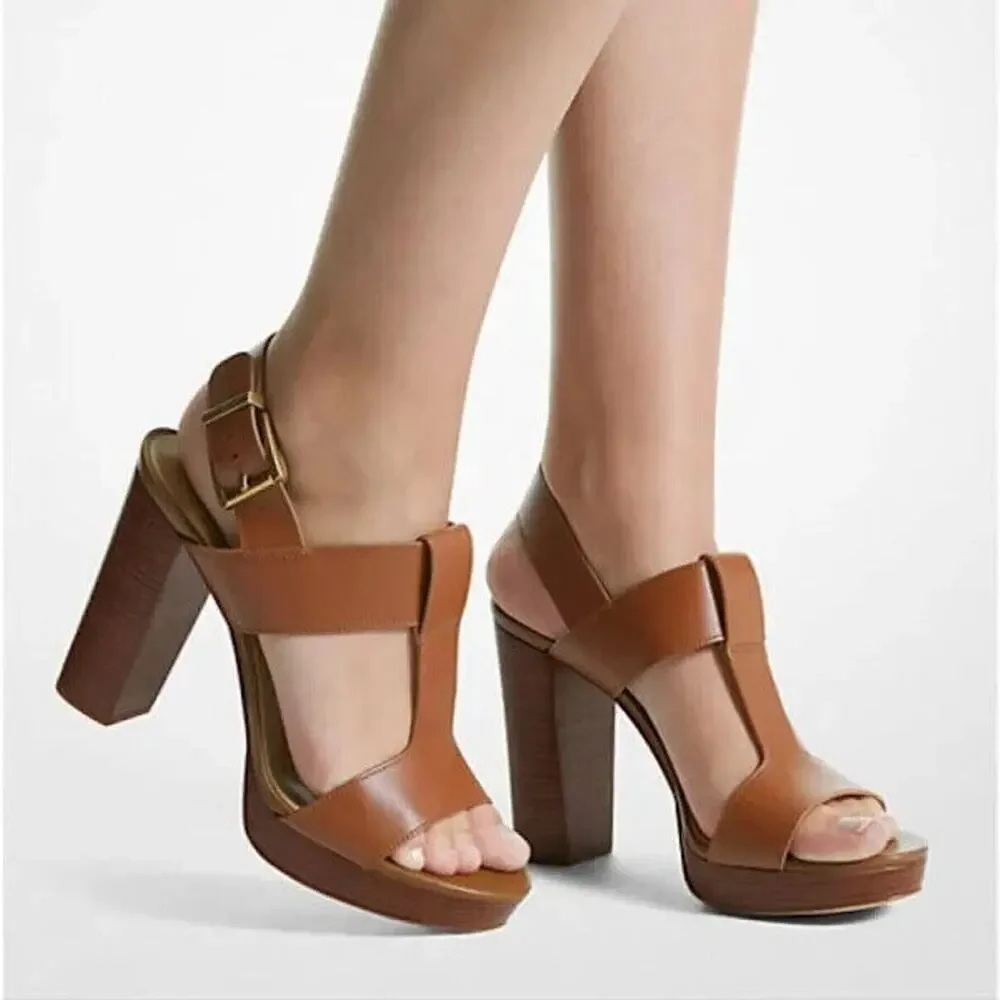 NEW Michael Kors Women's Luggage Leather Becker T Strap‎ Heels Sandal US Size 7M